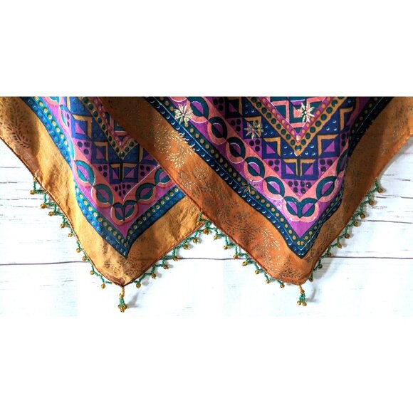 Sarah Clothes Square Shawl Scarf Folk Gypsy Style Multicolor Cotton Beads 45*45" - Picture 3 of 16